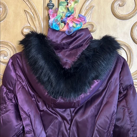 laundry By Shelli Segal Puffer Jacket with Faux Fur Deep Purple & Black - Picture 9 of 13